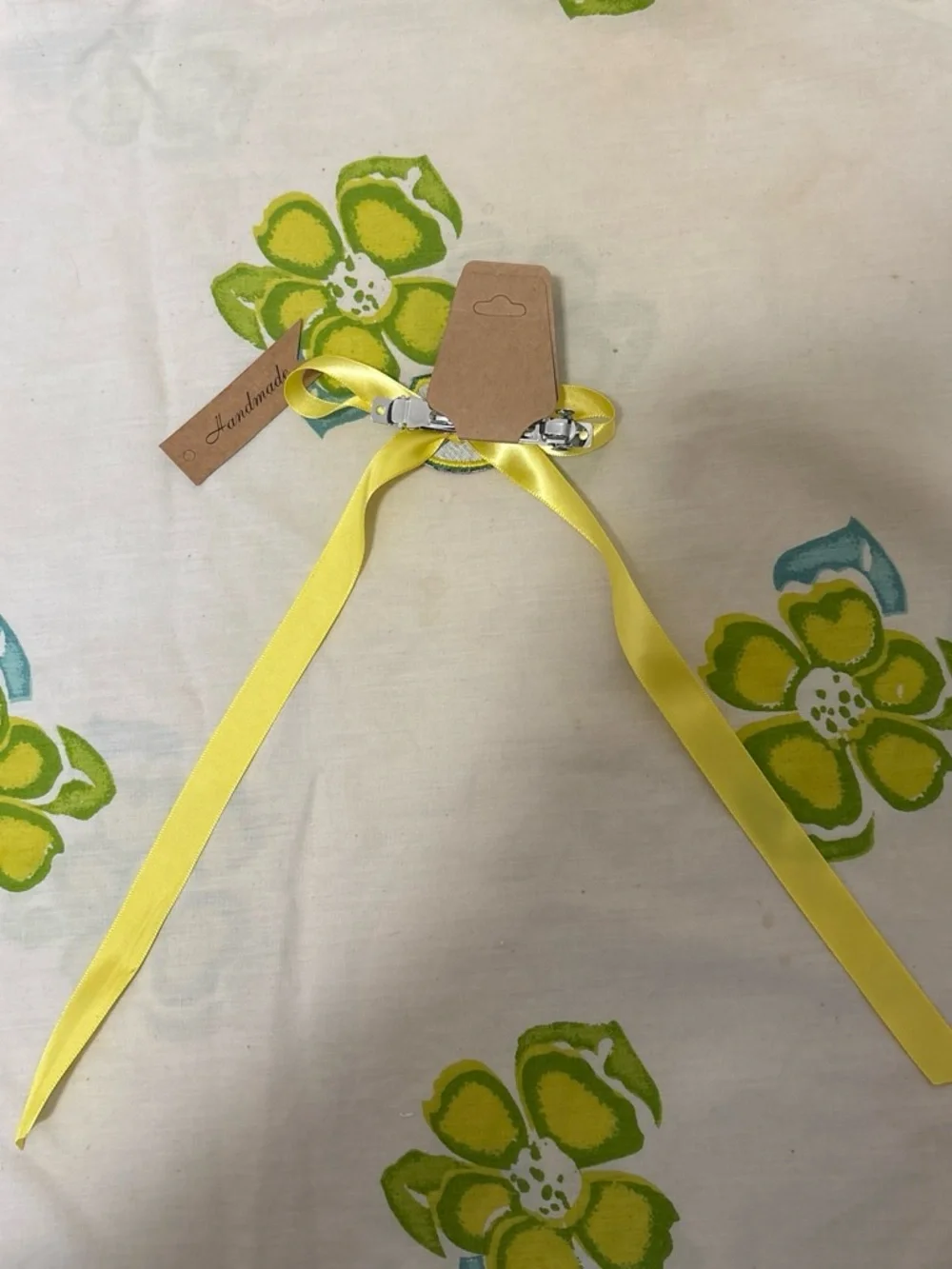 Handmade Yellow Ribbon Hair Bow with Green Patch - Kids Accessories